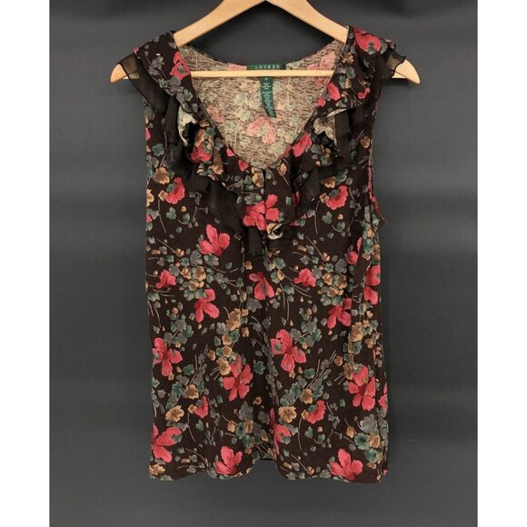 Lauren Ralph Lauren Floral Sleeveless Ruffle Top Womens XL Brown Fairy V-Neck - Picture 1 of 7